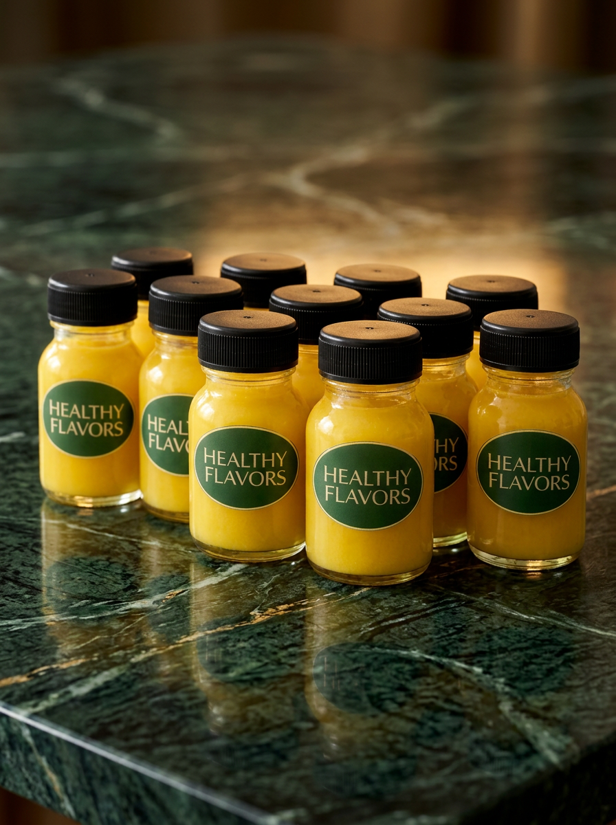 Healthy Flavors gember-kurkuma shots op groen marmer